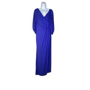 Miss Cristina Women's Faux Wrap Dress Blue Pleated V Neck 3/4 Sleeve Zip Large‎